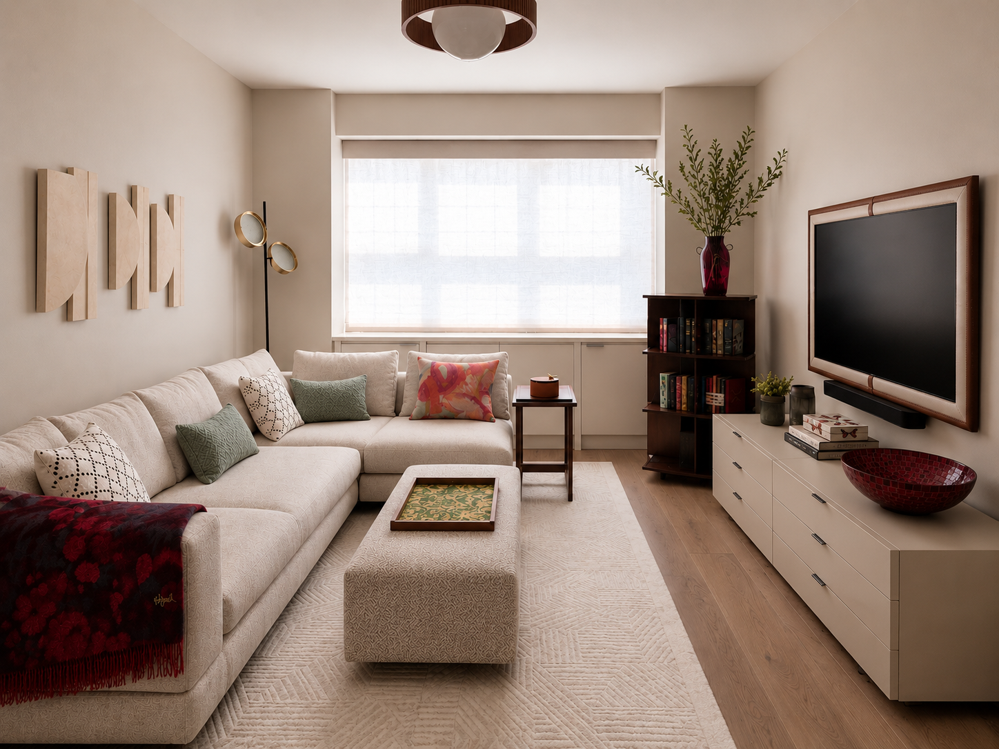 Contemporary living room in a Fifth Avenue, New York apartment with a beige L-shaped sofa, colourful cushions, timber coffee table, modern artwork, decorative accessories and a large window with sheer curtains.