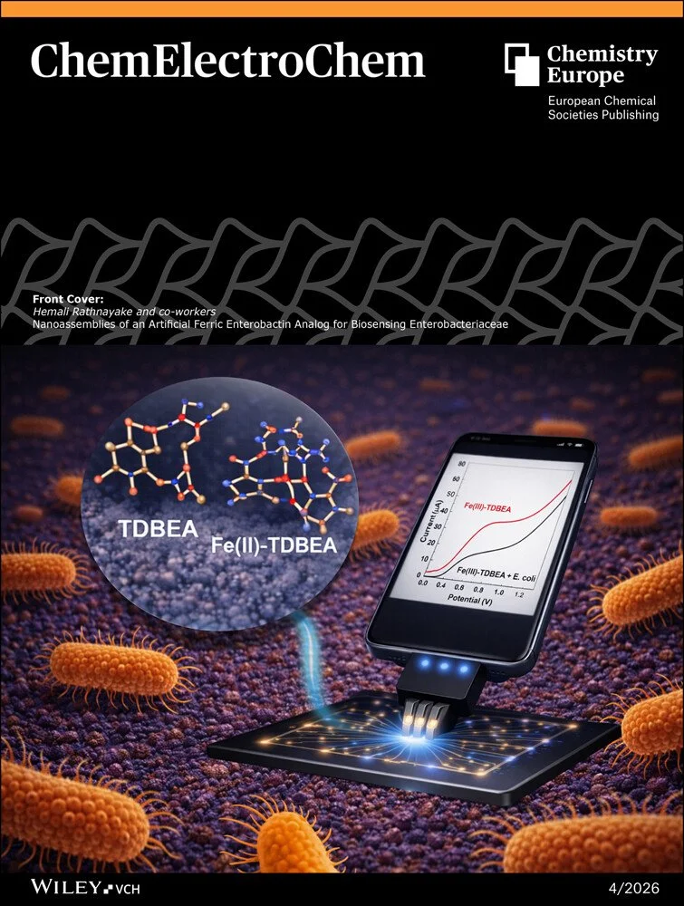 Cover of ChemElectroChem magazine featuring a scientific illustration of nanoassemblies of an artificial ferric enterobactin analog, a handheld device with a screen displaying a graph, and Bacteria on a surface.