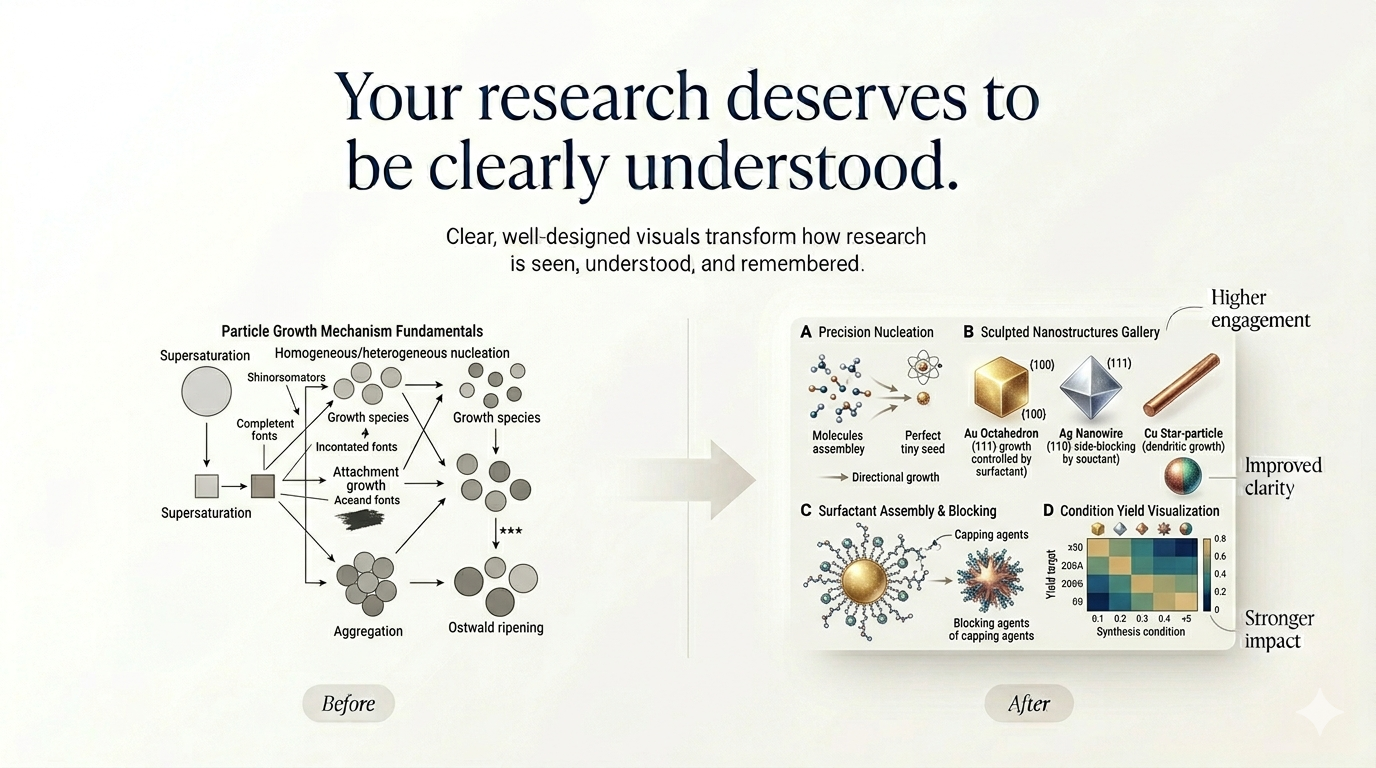 A comparison between research visualization techniques before and after an improvement. The left side labeled 'Before' depicts a scientific diagram with processes like particle growth, nucleation, and aggregation. The right side labeled 'After' shows enhanced visuals including molecular assembly, nanostructures, and data visualization for clearer understanding and stronger impact.