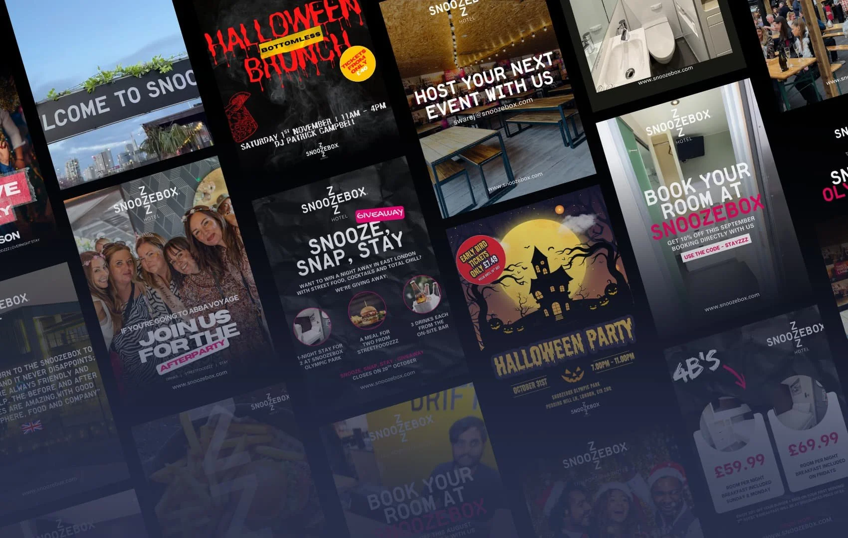 Collection of promotional posters for SnoozeZ Hotel events and offers, including Halloween party flyers, giveaway promotions, and booking discounts, featuring images of a haunted house, parties, and group photos.