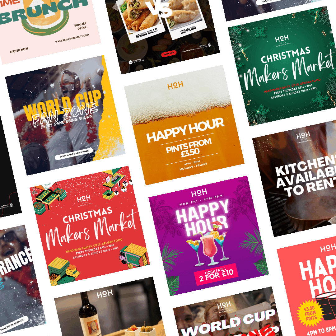 A collage of promotional posters for events and offers, including Christmas markets, happy hours, a World Cup fan zone, and food advertisements.