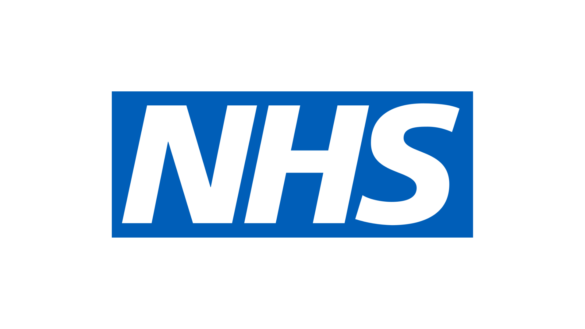 NHS logo with bold white letters on a blue rectangular background.