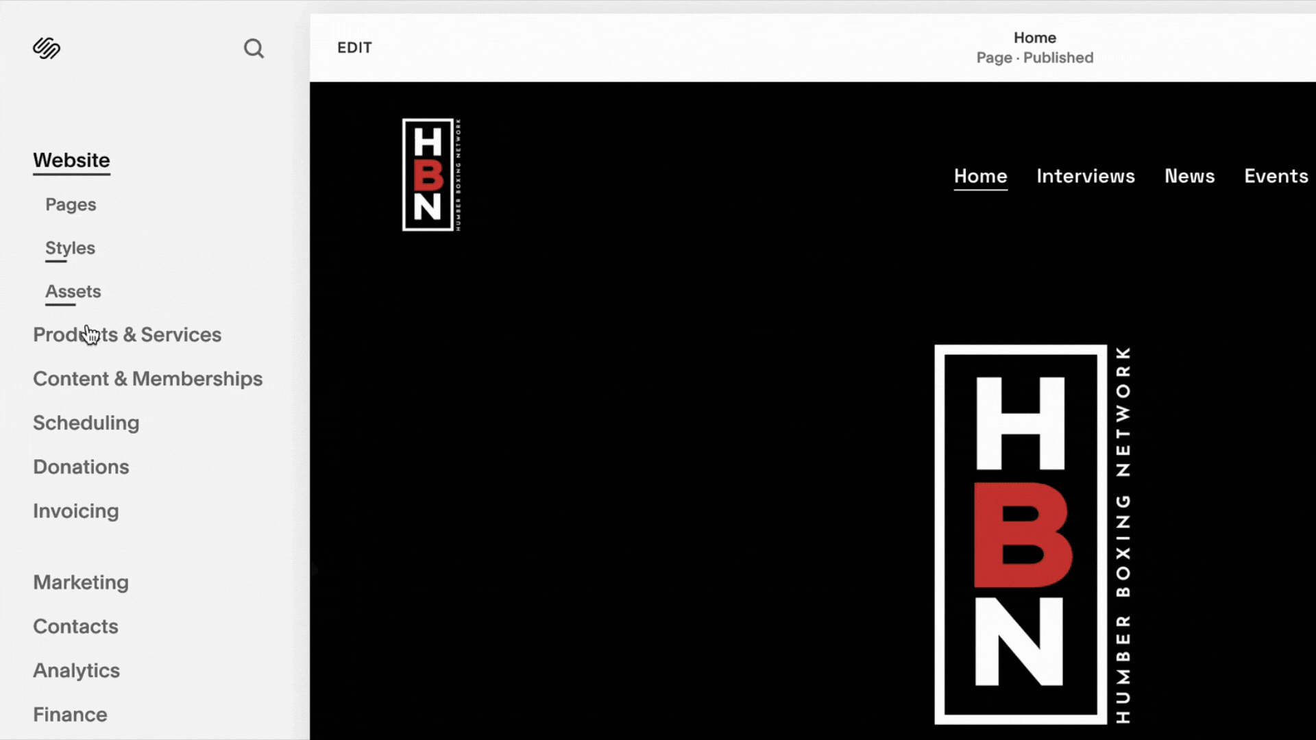 Website admin interface with navigation and logo for Humber Boxing Network