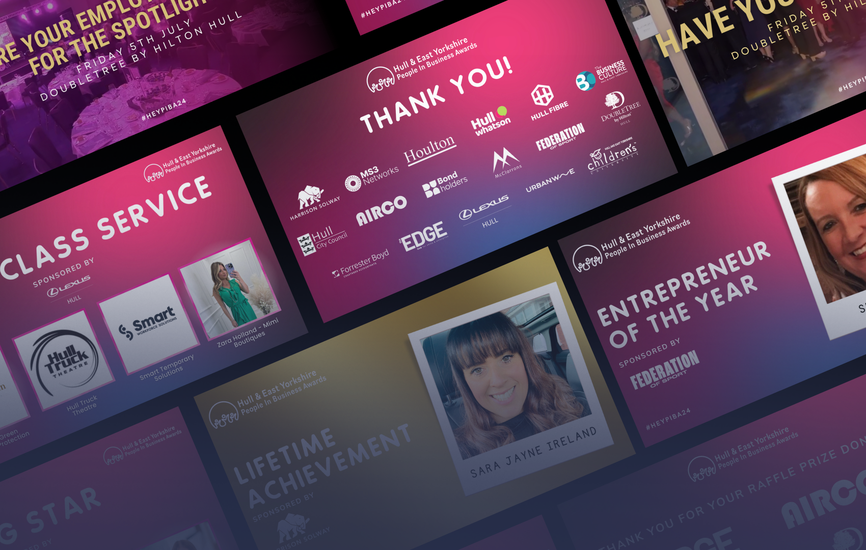 Digital collage of event award banners from the Hull & East Yorkshire People in Business Awards, featuring categories like Class Service, Lifetime Achievement, Entrepreneur of the Year, and images of winners, sponsors, and logos.