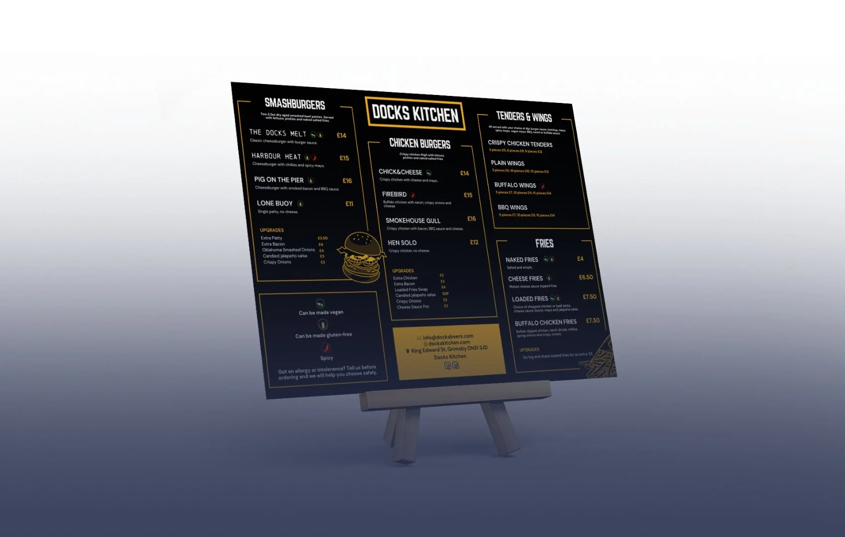 Menu board for Docks Kitchen featuring sections for smashburgers, chicken burgers, tenders and wings, and fries with prices and options, on a black background with yellow accents.