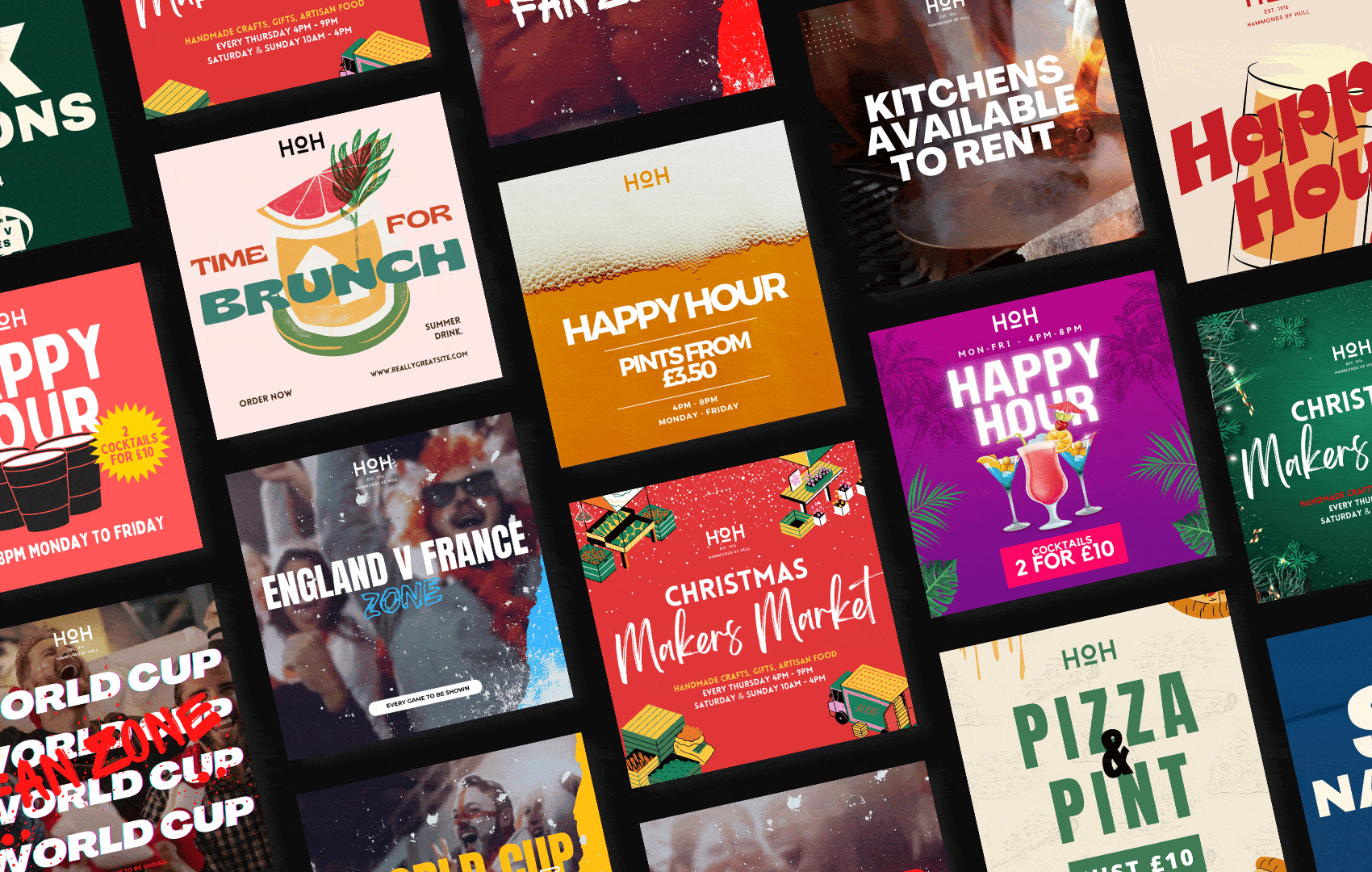 Collection of colorful promotional posters for events and offers, including happy hour deals, a Christmas market, sports zone, and various food and drink promotions.