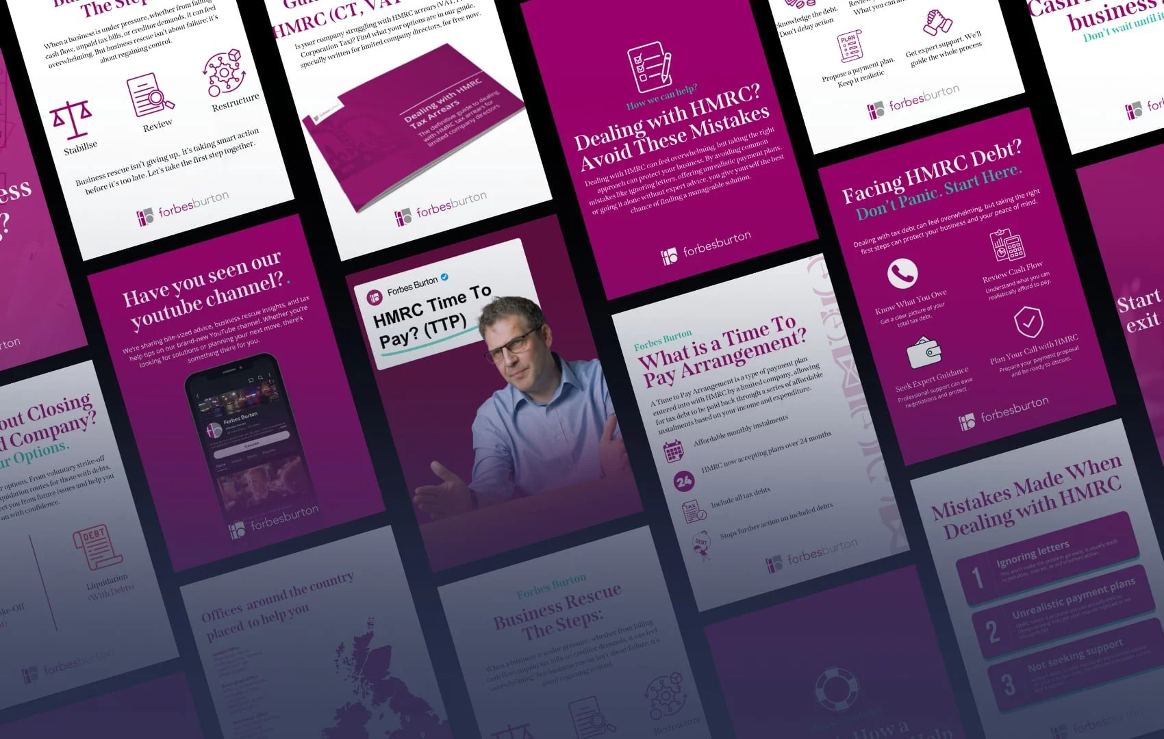 Multiple digital marketing and informational slides with titles and icons about handling HMRC debt, business rescue steps, and repayment options, predominantly in purple and white color scheme.