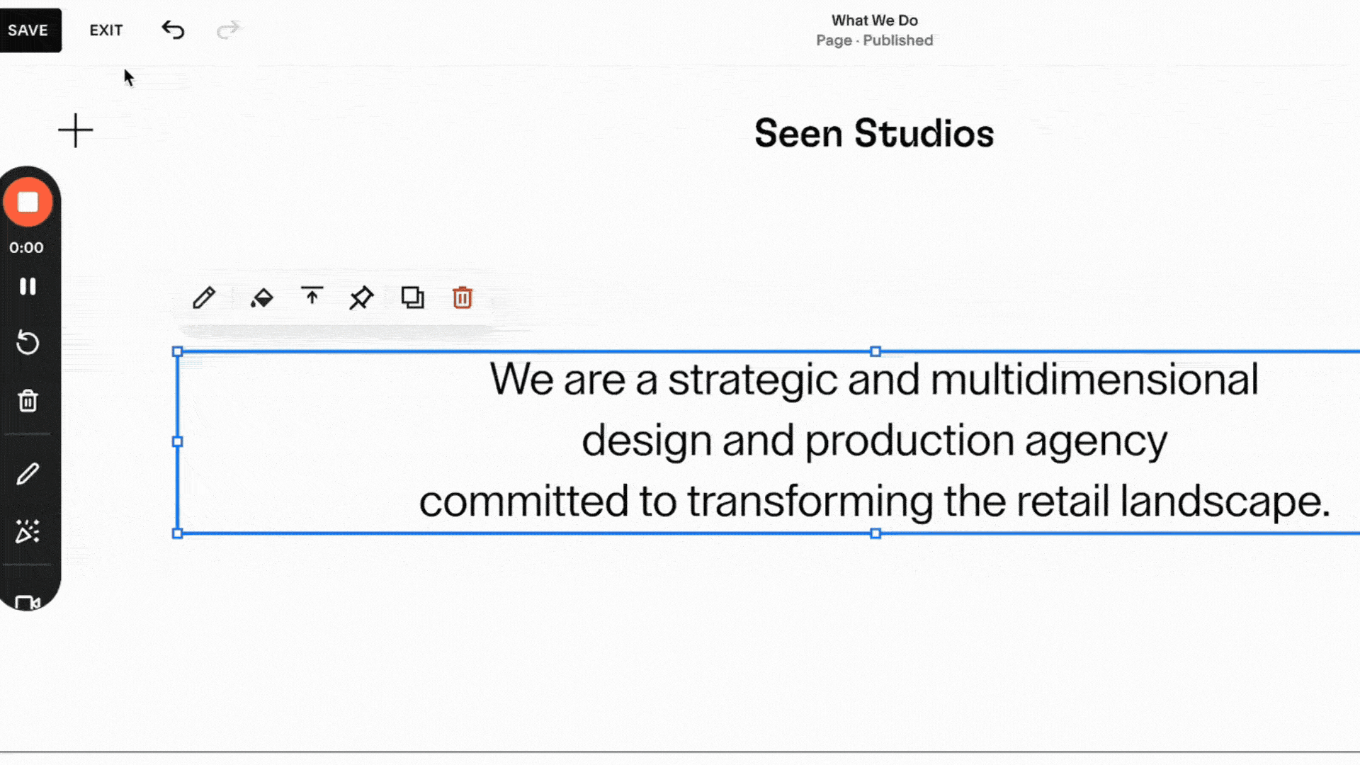 Screenshot of a webpage editor interface with text elements "WORK GROW INSPIRE" on a background of an office setting. Menu options for formatting and editing are visible at the top.