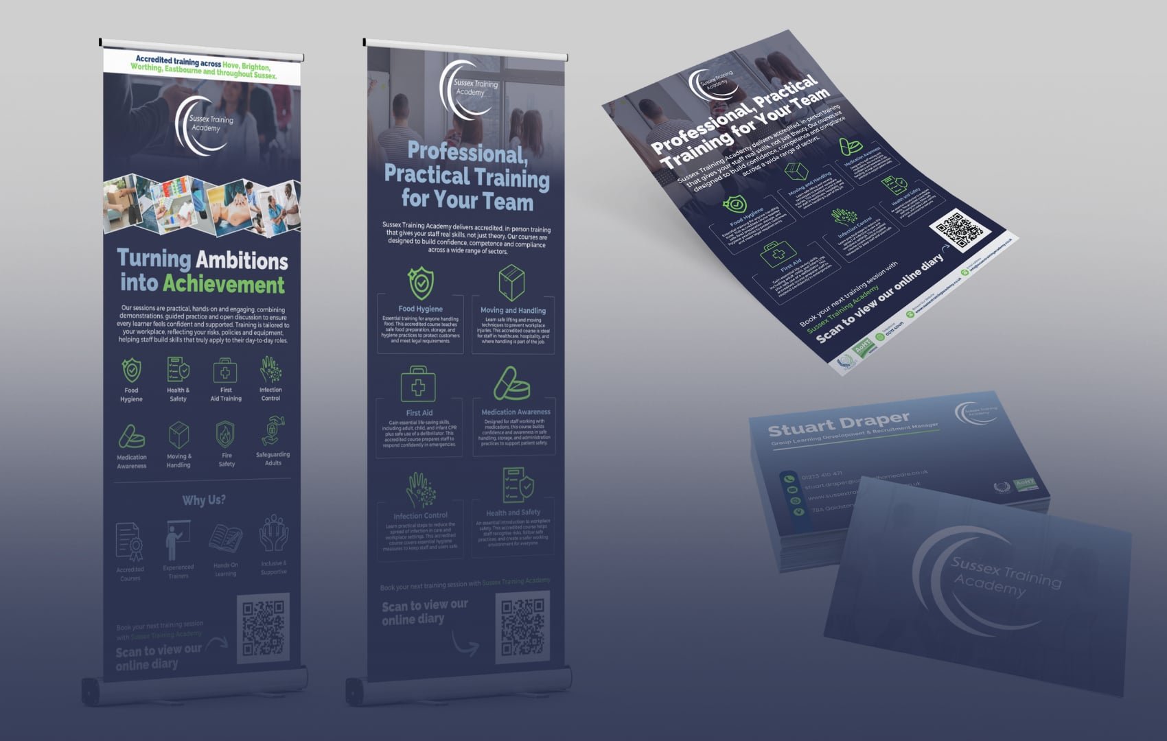 Brochures and business cards for Sussex Training Academy, featuring training programs in health, safety, first aid, infection control, and medication awareness, with a QR code for online booking.