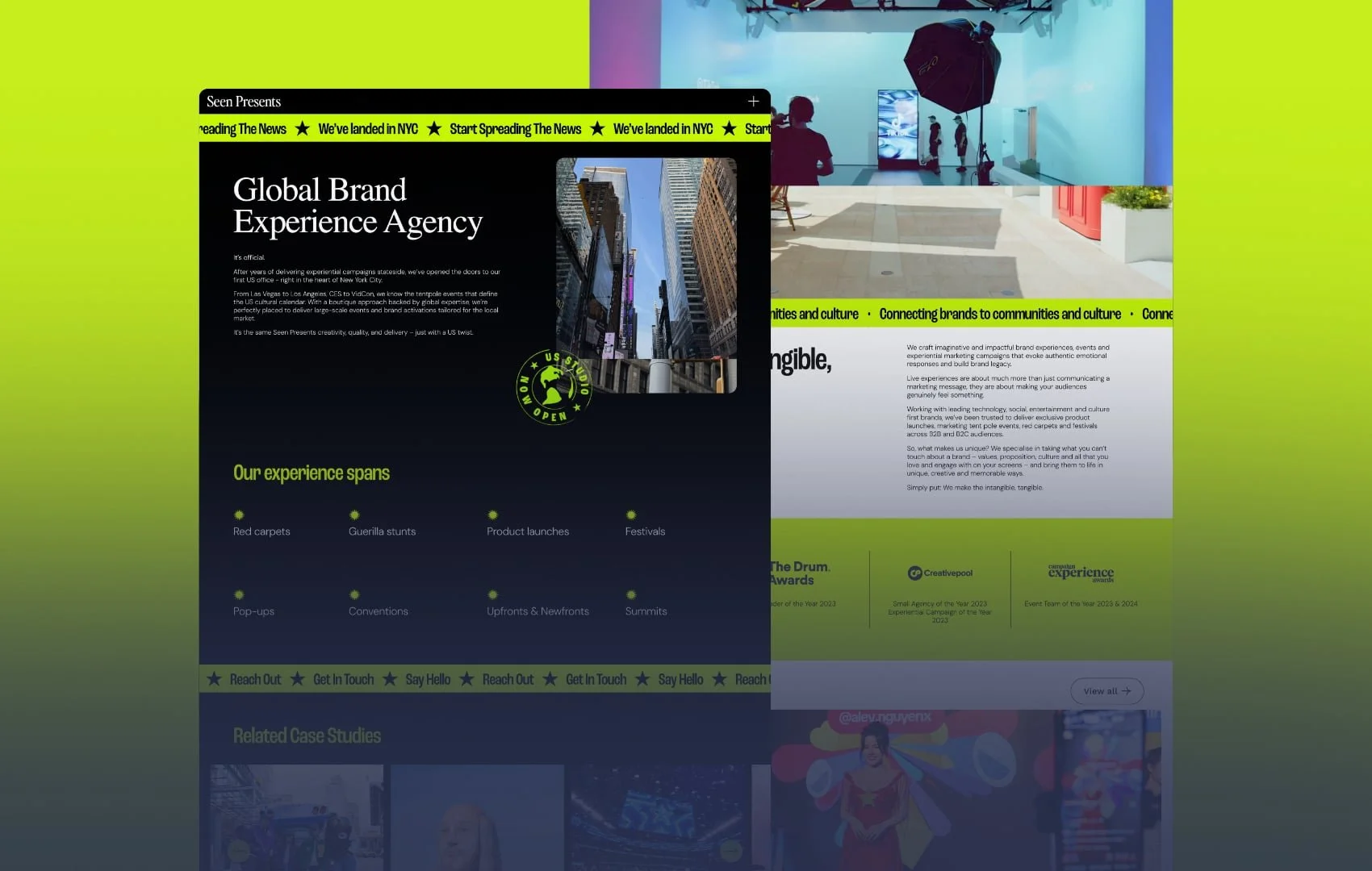 Two overlapping website screenshots, one for a global brand experience agency with sections on recent campaigns, services, and related case studies, and another showcasing a contemporary art space or gallery with blue and green walls, people viewing art, and photography/film equipment.