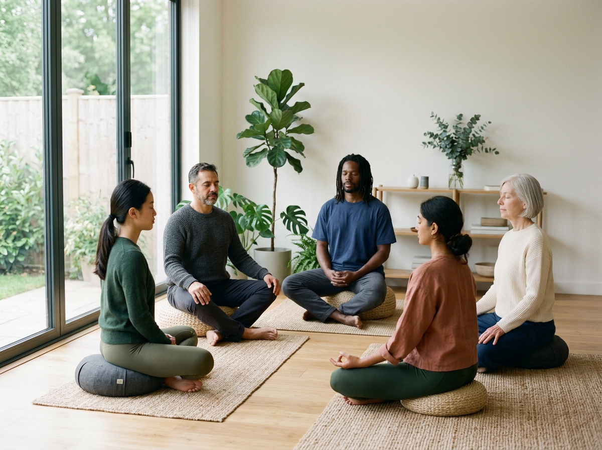 Group of adults practicing mindfulness together