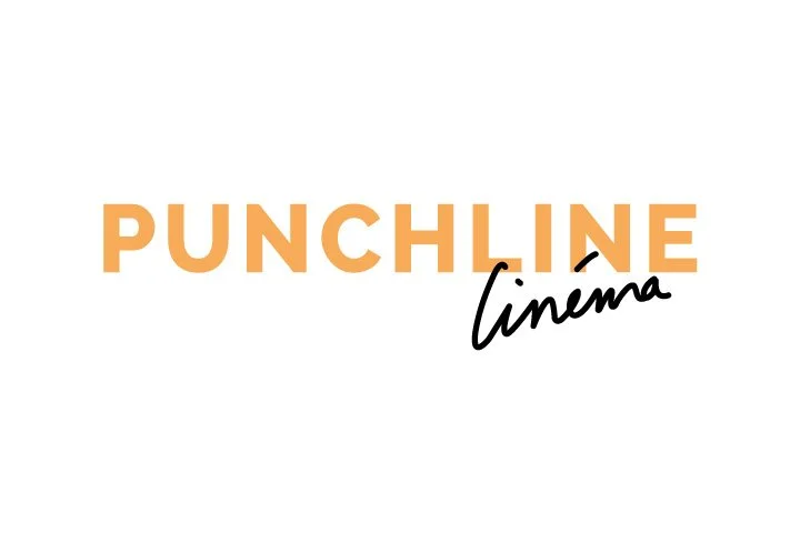 Logo for Punchline Cinema with the words "Punchline" in orange bold letters and "cinema" in black cursive.