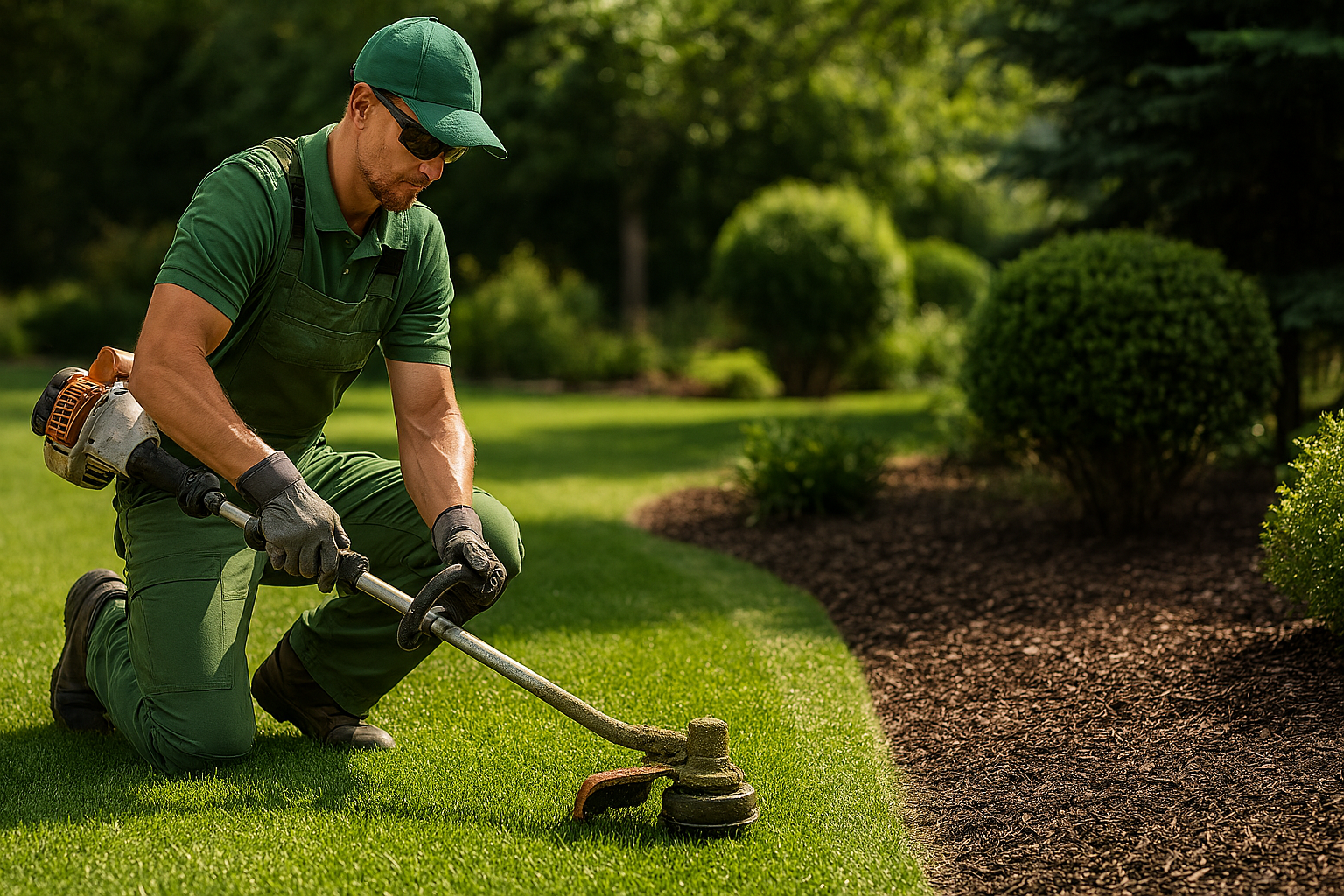 Lawn care worker kneeling on grass, operating a power seed spreader in a landscaped yard with bushes and trees.
