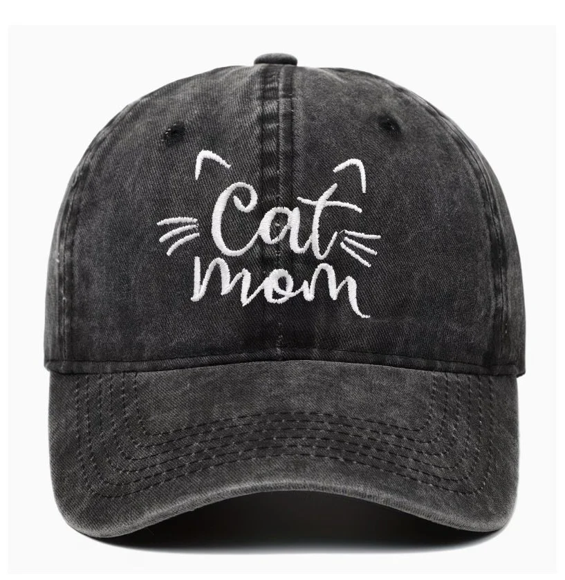Cat Mom Embroidered Hat – Black Vintage Style Cap for Cat Lovers