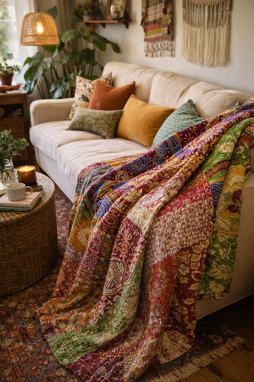 Vintage Kantha Quilt – Reversible Handmade Throw from Recycled Sari Cotton