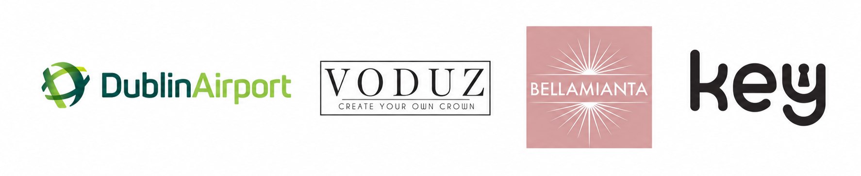 Logos of Dublin Airport, Voduz, Bellamianta, and Key