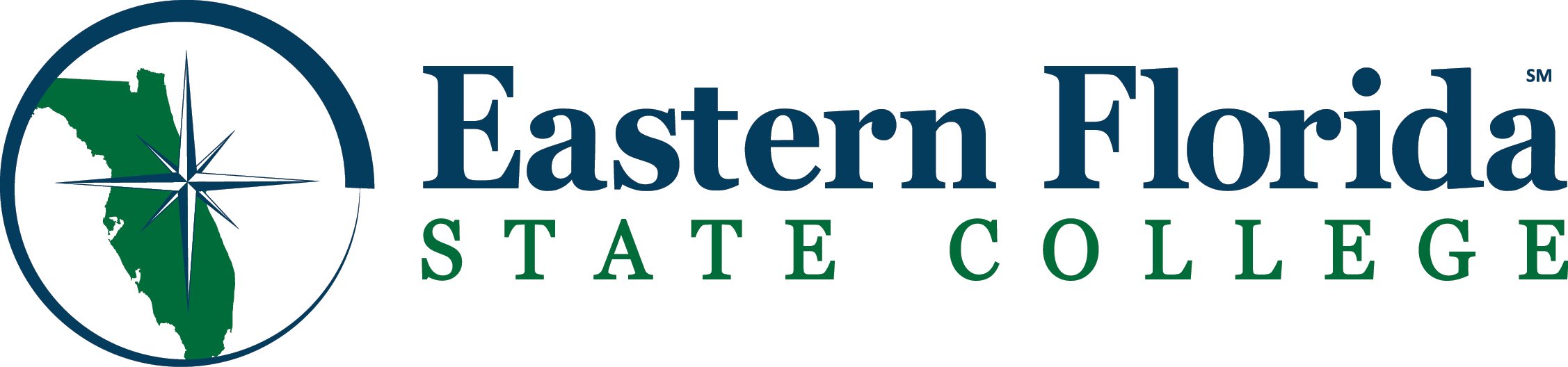 Logo of Eastern Florida State College, featuring a green map of Florida with a blue compass rose and the college's name.