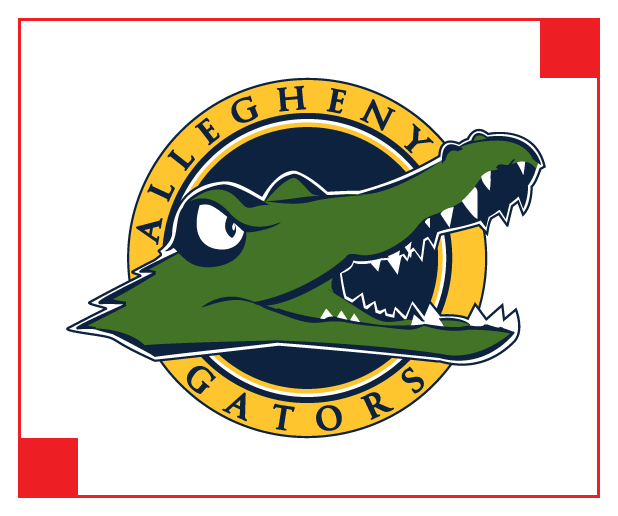 A logo featuring a green alligator with sharp teeth, encircled by the words "Allegany Gators" in yellow on a black and blue background.
