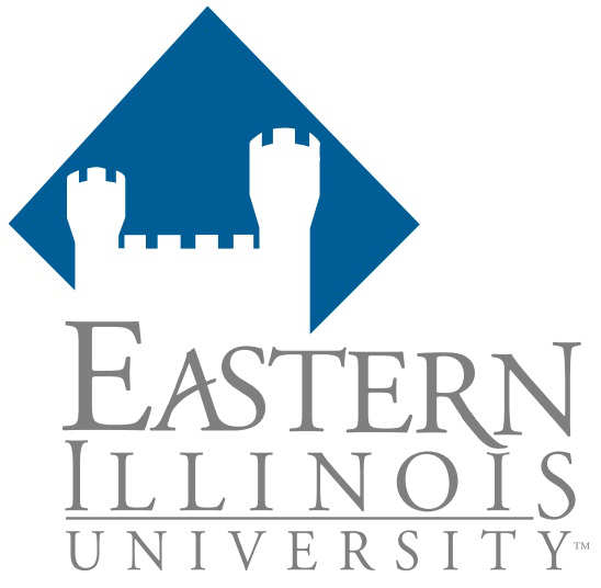 Logo of Eastern Illinois University featuring a blue diamond shape with a castle silhouette and the university name below.