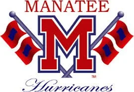 Manatee High School Hurricanes logo with a large red 'M', two crossed baseball bats behind, and two Florida flags on either side.