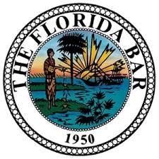 The official seal of the Florida Bar featuring a tropical scene with a man standing next to a palm tree, a sunrise, and water, with the text 'The Florida Bar' and '1950'.