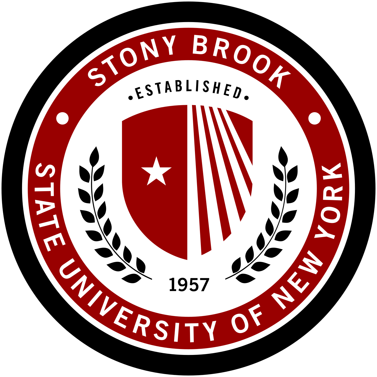 Logo of Staten Island University of New York, established 1957, featuring a shield with a star and stripes, surrounded by laurel branches, on a black background.