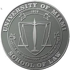 Seal of the University of Miami School of Law featuring a scale of justice with a sword in the center, surrounded by the text 'University of Miami School of Law 1926' and a banner with 'Dumen et Justitia'