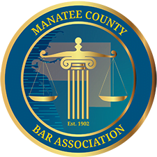 Seal of the Manatee County Bar Association featuring a balance scale and a pillar.
