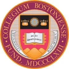 Seal of Boston University with a shield, sun rays, and banners, surrounded by a circular purple border with gold text