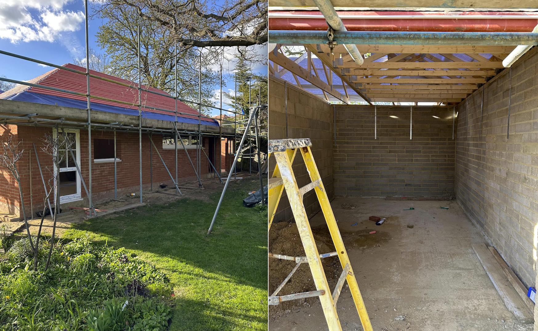 Side-by-side images of a house under construction: left shows the exterior with scaffolding around the house and a red roof, and right shows the interior with brick walls, wooden roof framing, and construction tools.