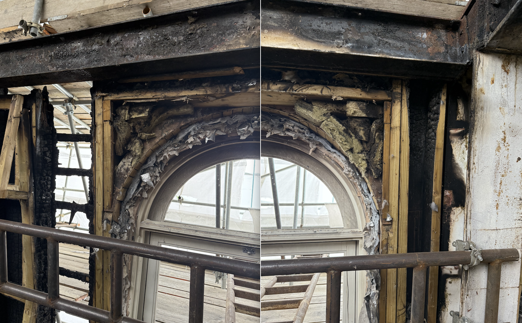 Construction work on a building window reveals damaged framing and insulation, with scaffolding and safety barriers present.