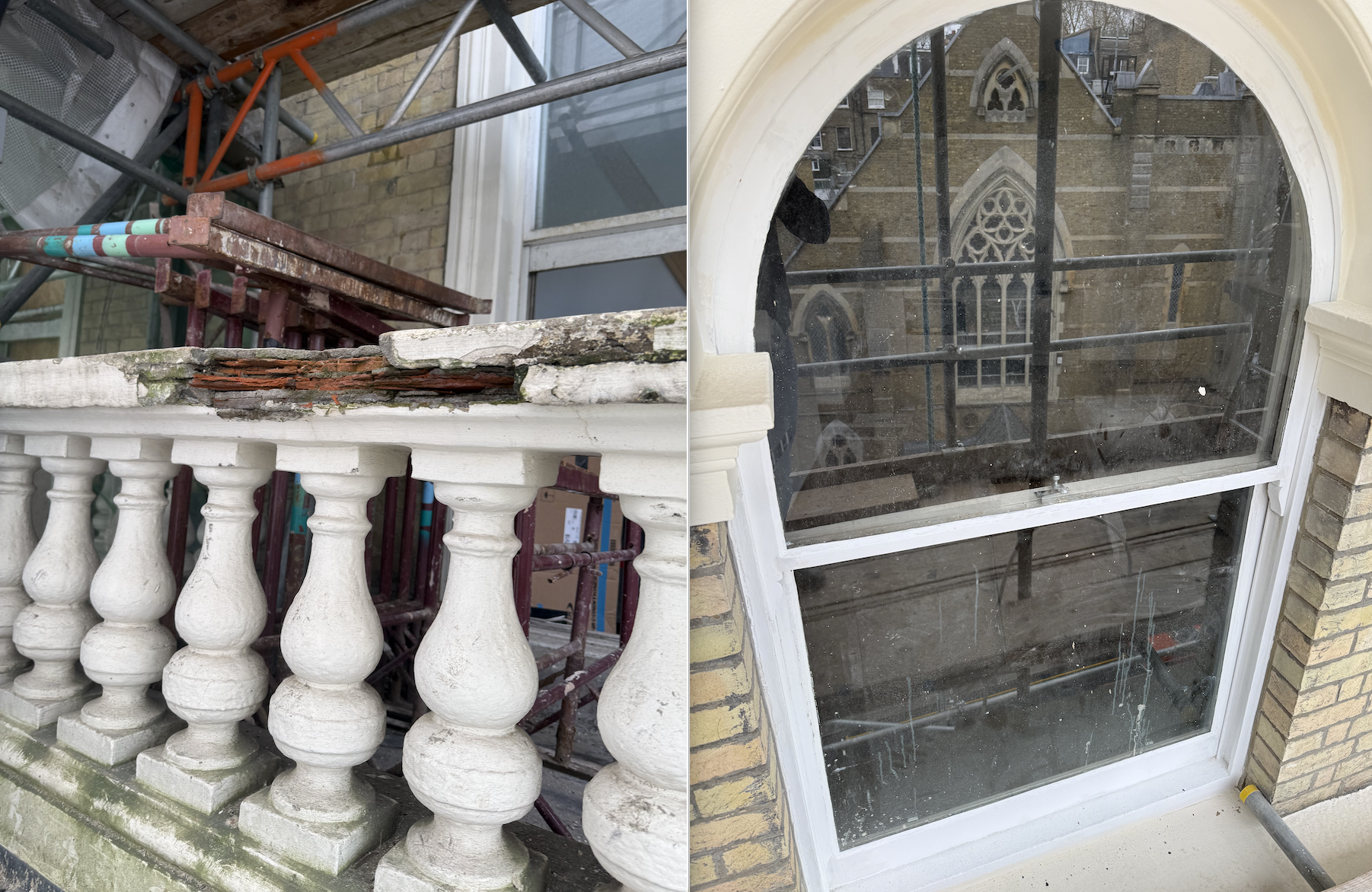 Left side shows a deteriorated balcony railing with white balusters and moss growth, alongside a partially disassembled scaffolding structure. Right side shows a window with a reflective glass pane that reveals a view of a church or cathedral with st