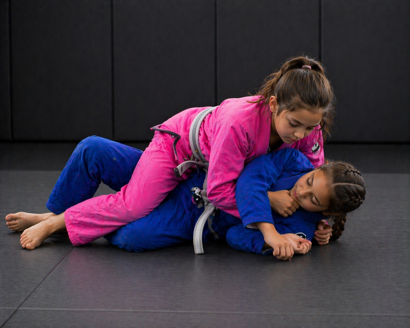 Two girls practicing Brazilian Jiu-Jitsu on a black mat, with one girl in a pink gi on top of a girl in a blue gi, in a martial arts training facility.