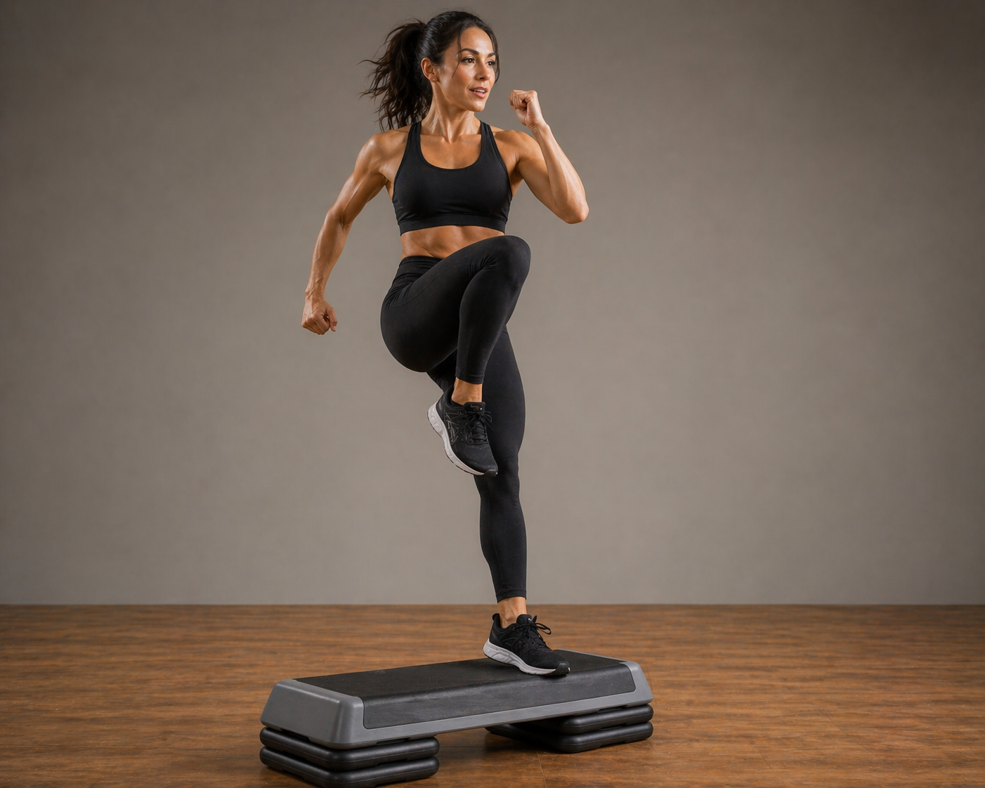 A woman in black workout clothes stands on an aerobic step platform with one leg raised and her fist clenched, performing an exercise.