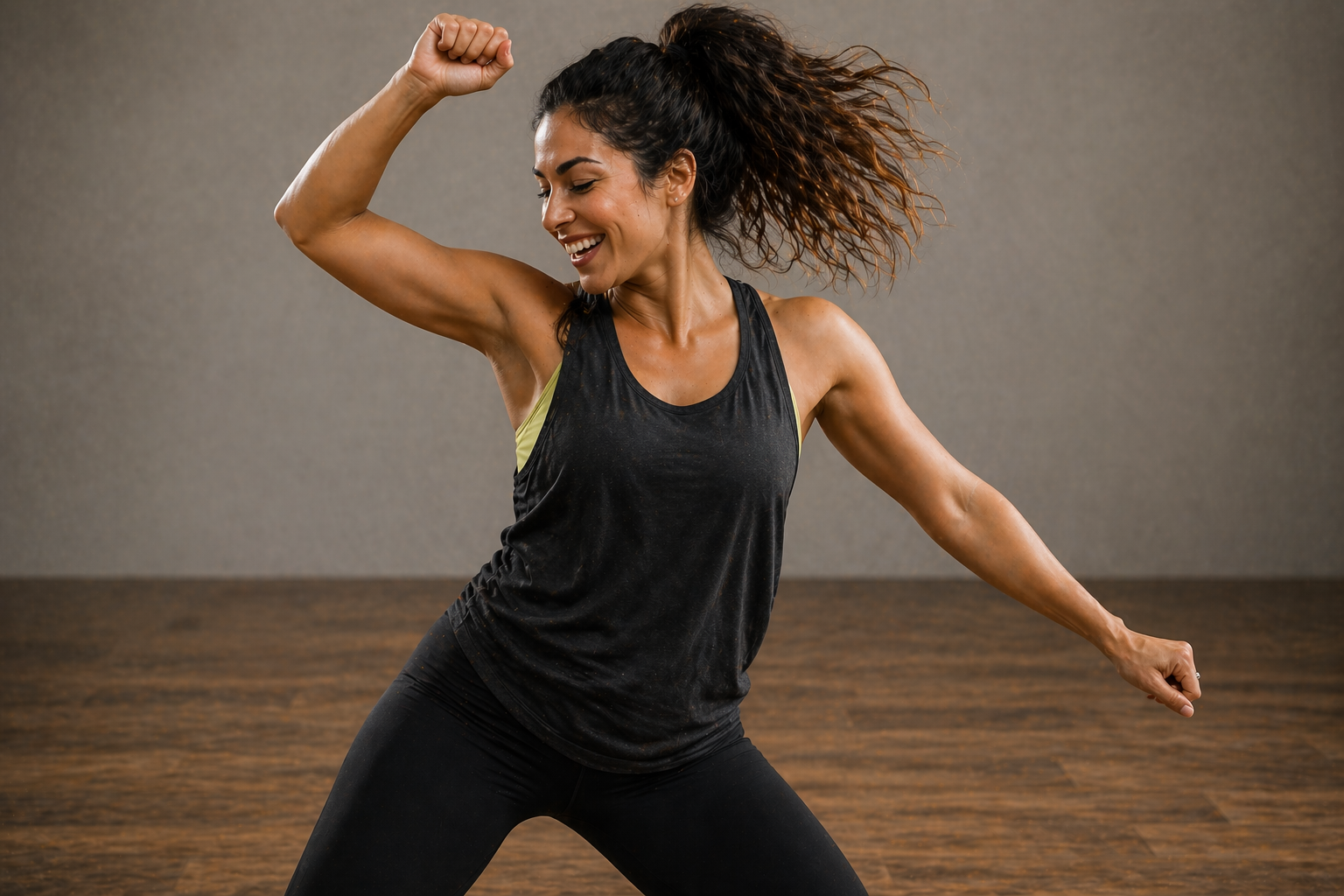 Woman in athletic clothing dancing and smiling with her fist raised in a fitness studio.