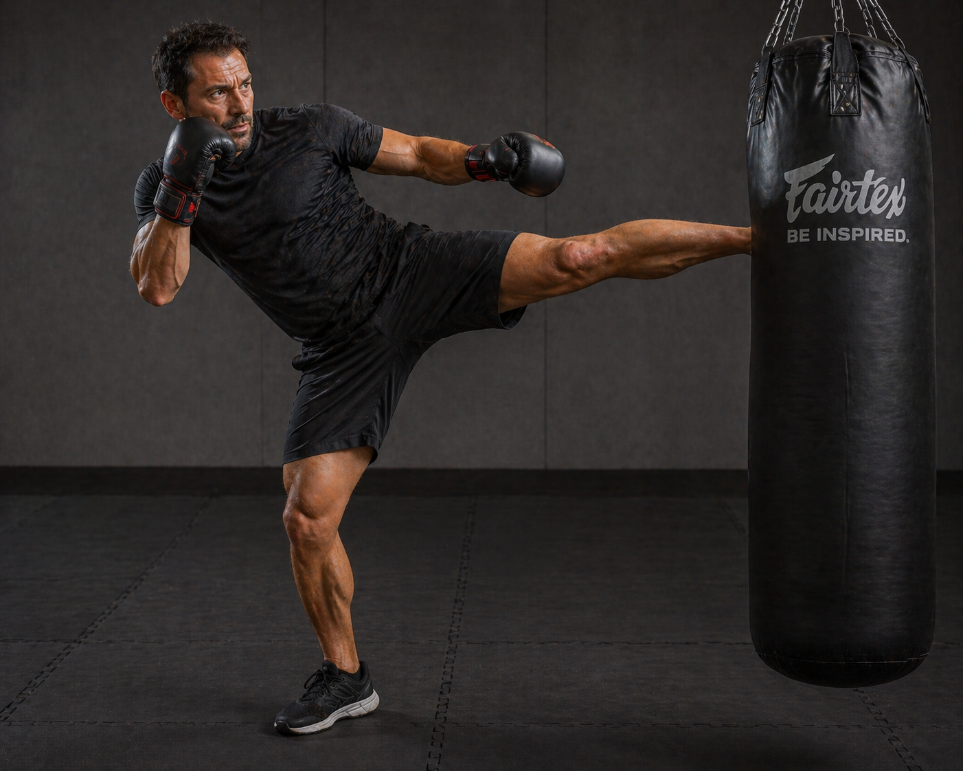 A man in black athletic clothing and gloves is practicing boxing in a gym. He is executing a kick, hitting a black punching bag with his right foot, while his left hand is raised near his face in a defensive posture.
