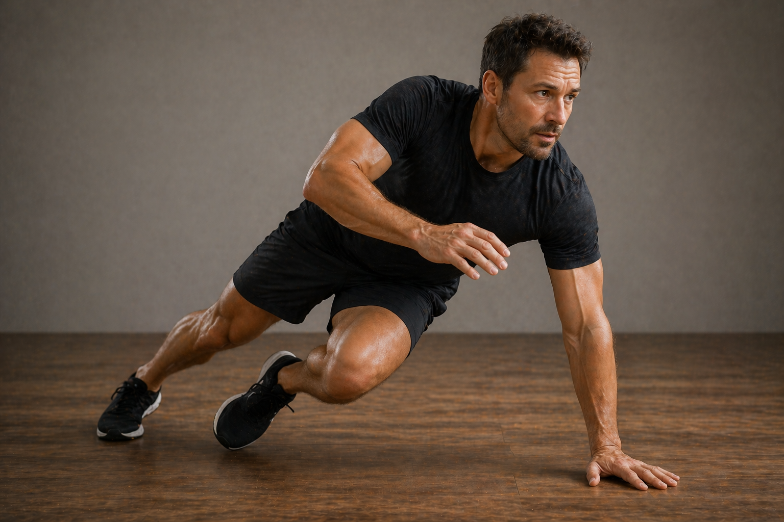 A man in black athletic clothes performing a mountain climber exercise on a wooden floor.
