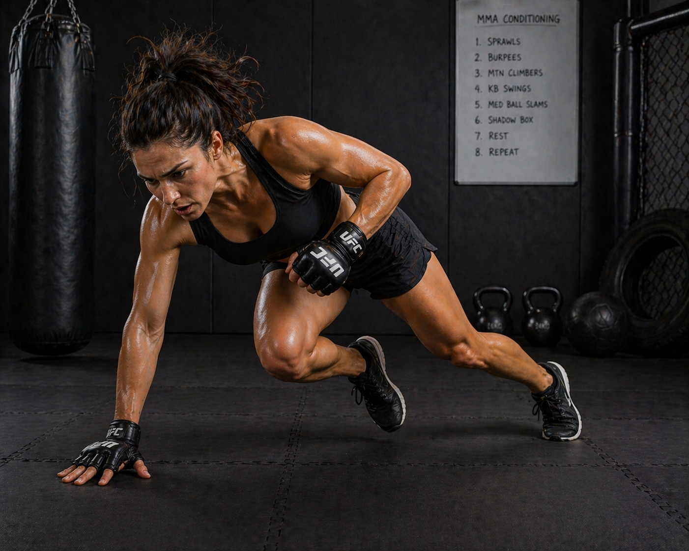 Female mixed martial artist in black workout clothes and UFC gloves performing a push-up on the gym floor.
