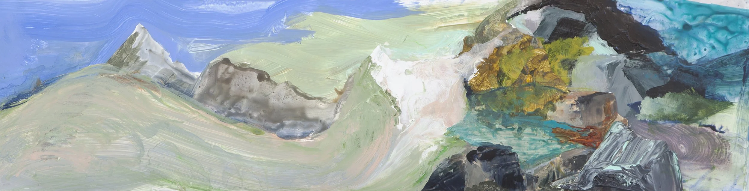 Across Time and Place. Acrylic on Yupo. 9 1/4” x 36”