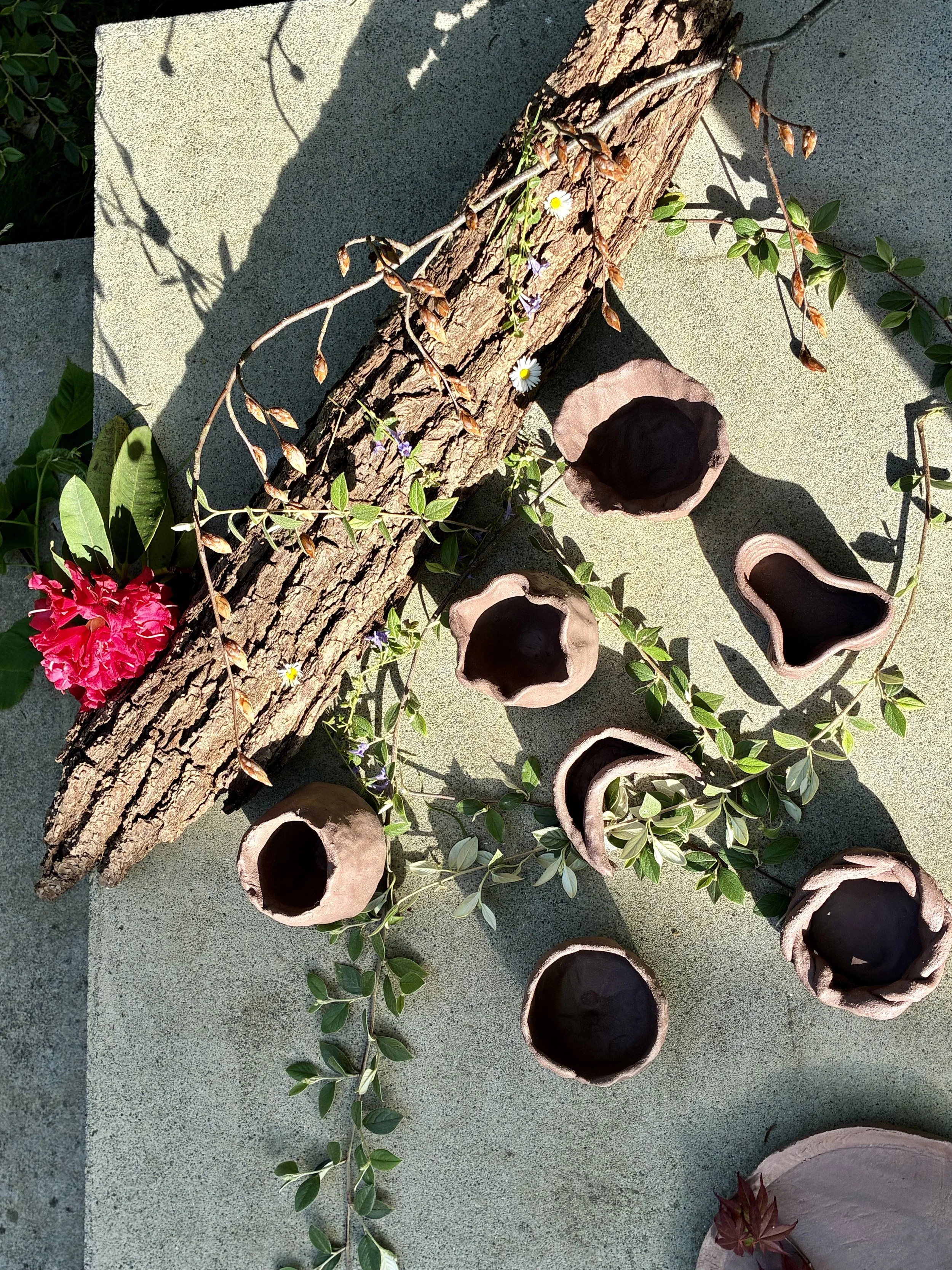 Une table avec des éléments décoratifs : un morceau de bois, des pots en argile avec de la terre, des feuilles vertes, une fleur rose et des petites fleurs blanches et violettes.