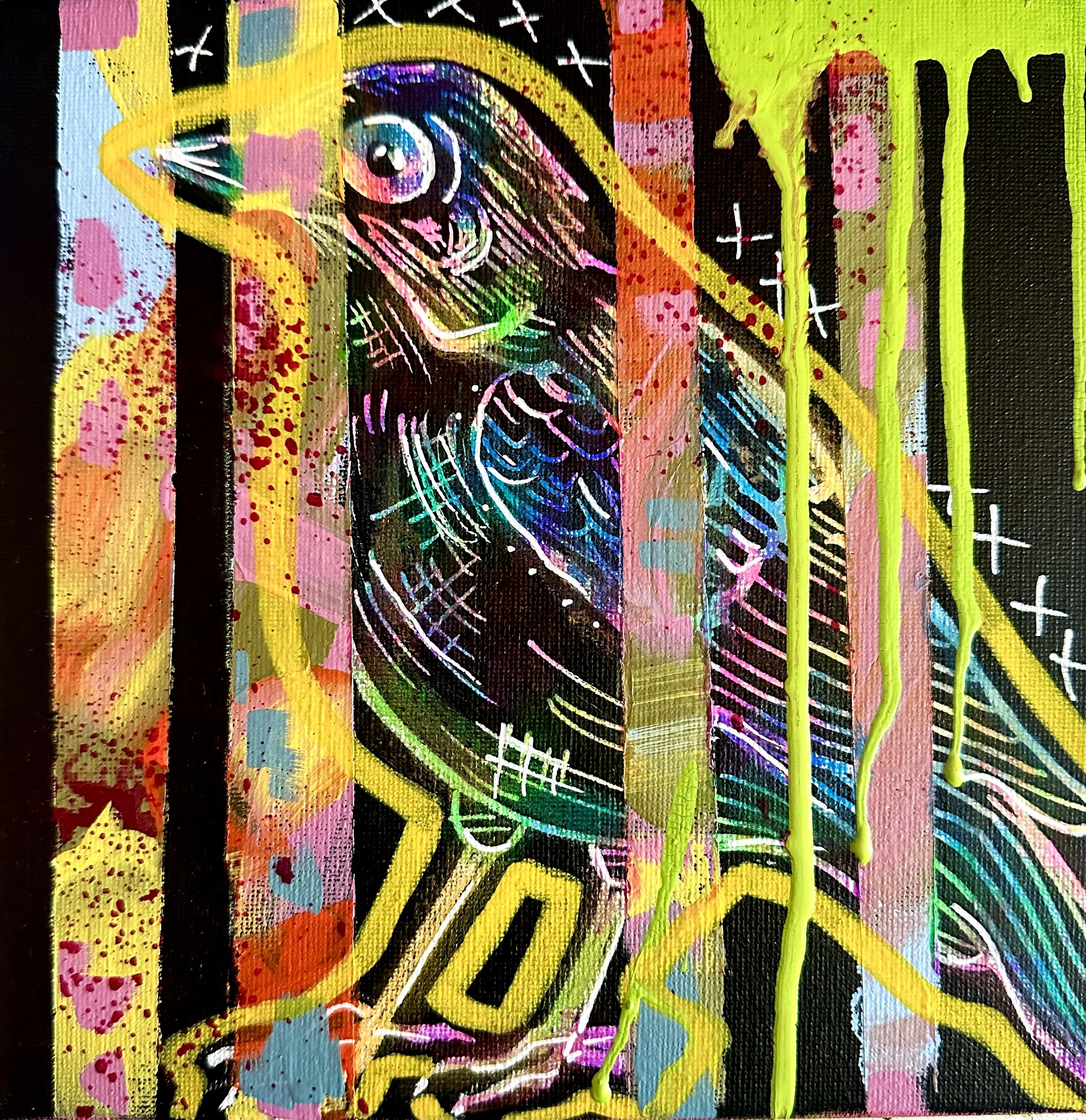 An abstract, colorful painting featuring a rainbow with a black background, surrounded by vibrant stripes, splatters, and dots of pink, yellow, green, blue, and orange.
