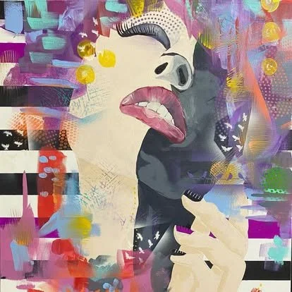 Abstract portrait of a woman with colorful brushstrokes, purple hair, and painted lips.