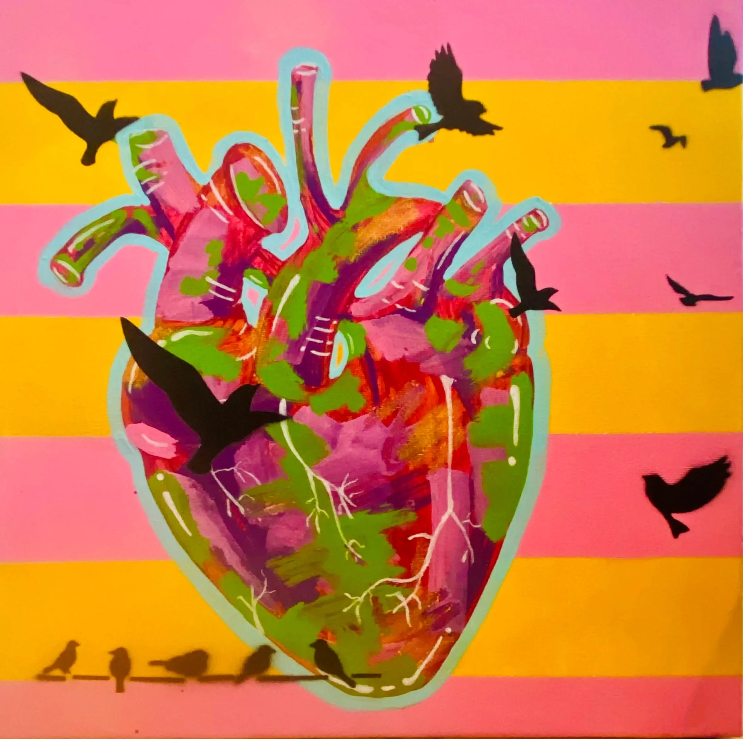 Colorful artwork of a human heart with veins and arteries, surrounded by flying birds, set against pink and yellow striped background.