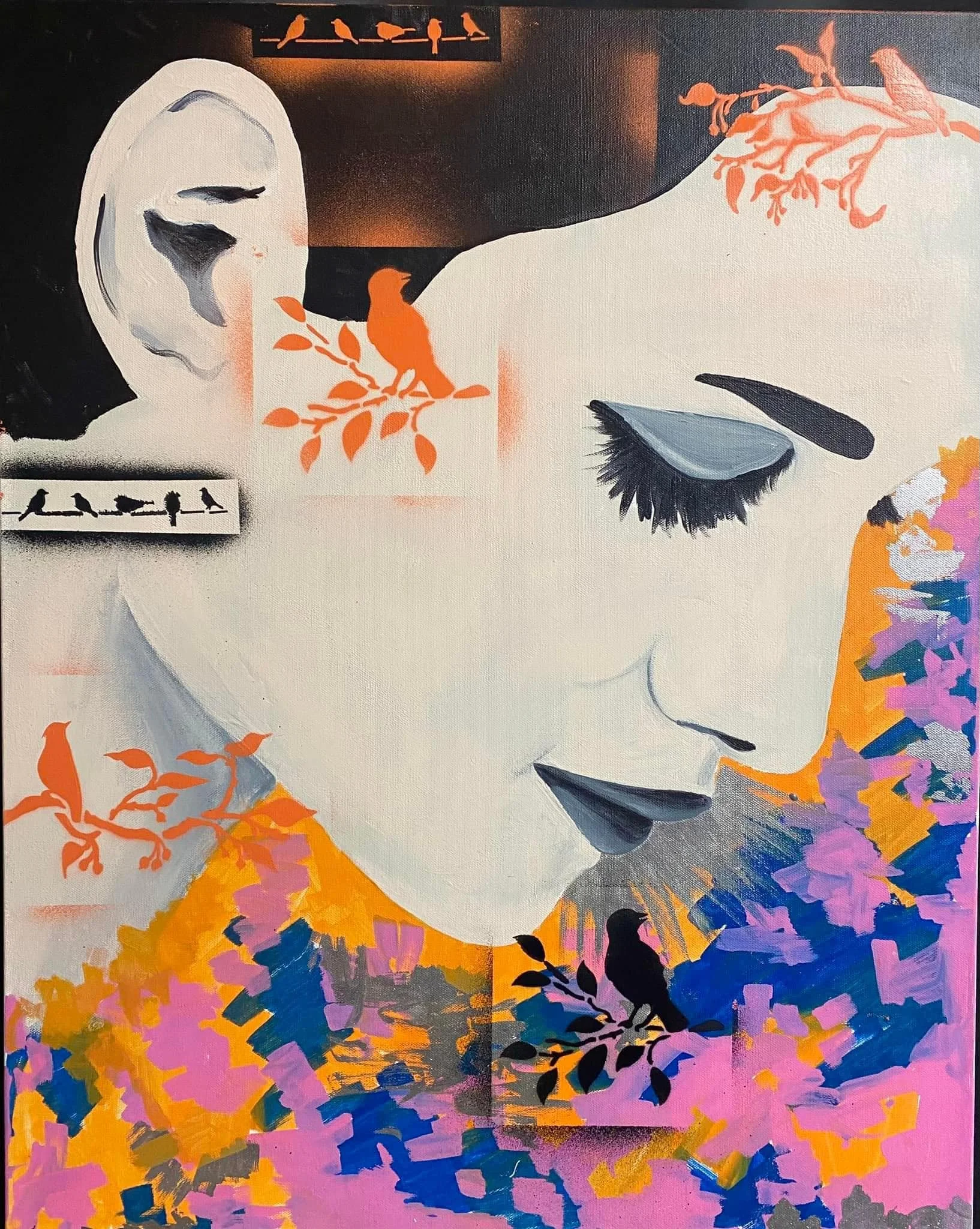 A painting of a woman with closed eyes and dark eyelashes, with orange and pink floral patterns and birds in the background, featuring a black and orange color scheme.