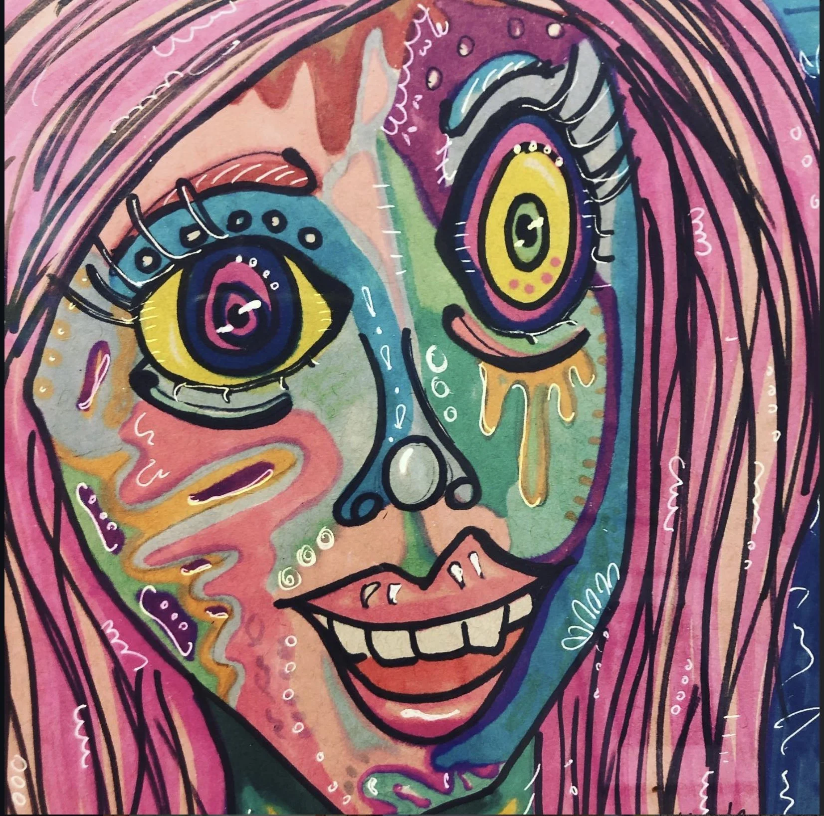 A colorful, abstract illustration of a woman's face with large, expressive eyes, a smiling mouth, and long flowing hair in pink, purple, and blue shades. The style is vibrant and graffiti-like, with bold black outlines and decorative details.