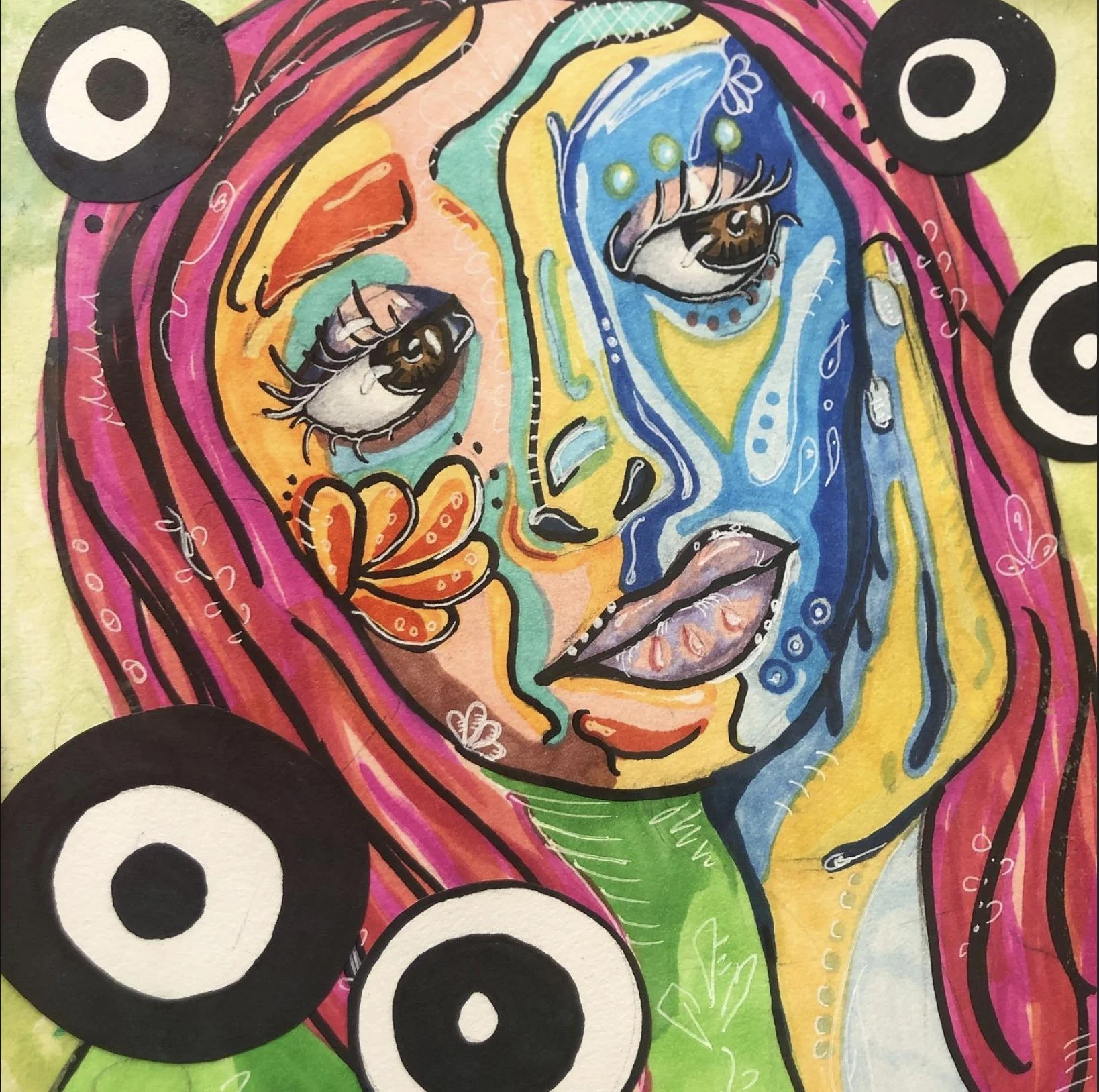 Colorful abstract artwork of a human face with various patterns, shapes, and vibrant colors, including black and white circular shapes surrounding the face.