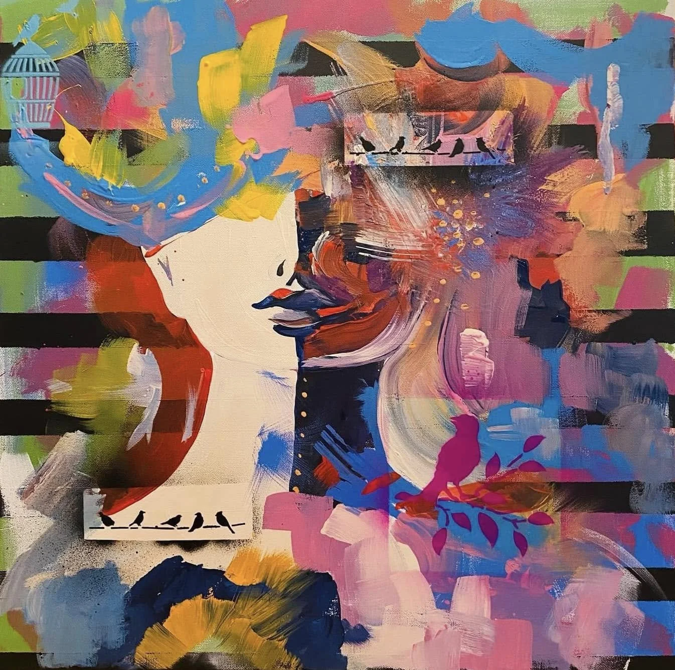 Abstract painting of a woman's portrait with vibrant colors, featuring her lips, nose, and closed eyes, with hair represented by lively brushstrokes and patterns.