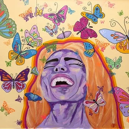 A painting of a woman with orange hair laughing with closed eyes, surrounded by colorful butterflies on a light background.