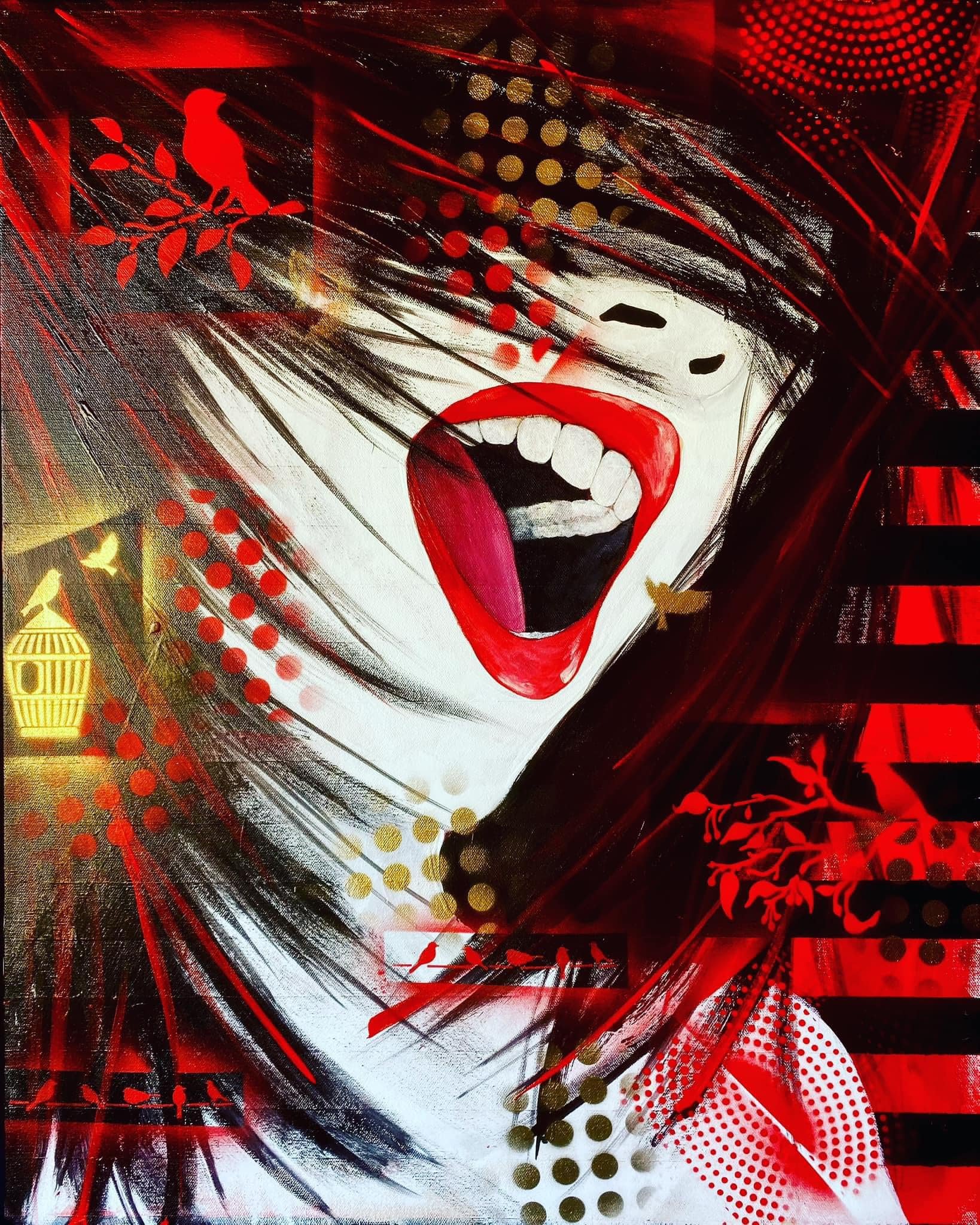 A pop art style painting of a woman with red lipstick, open mouth, purple tongue, and dark hair with red and gold dots and abstract red and black patterns.