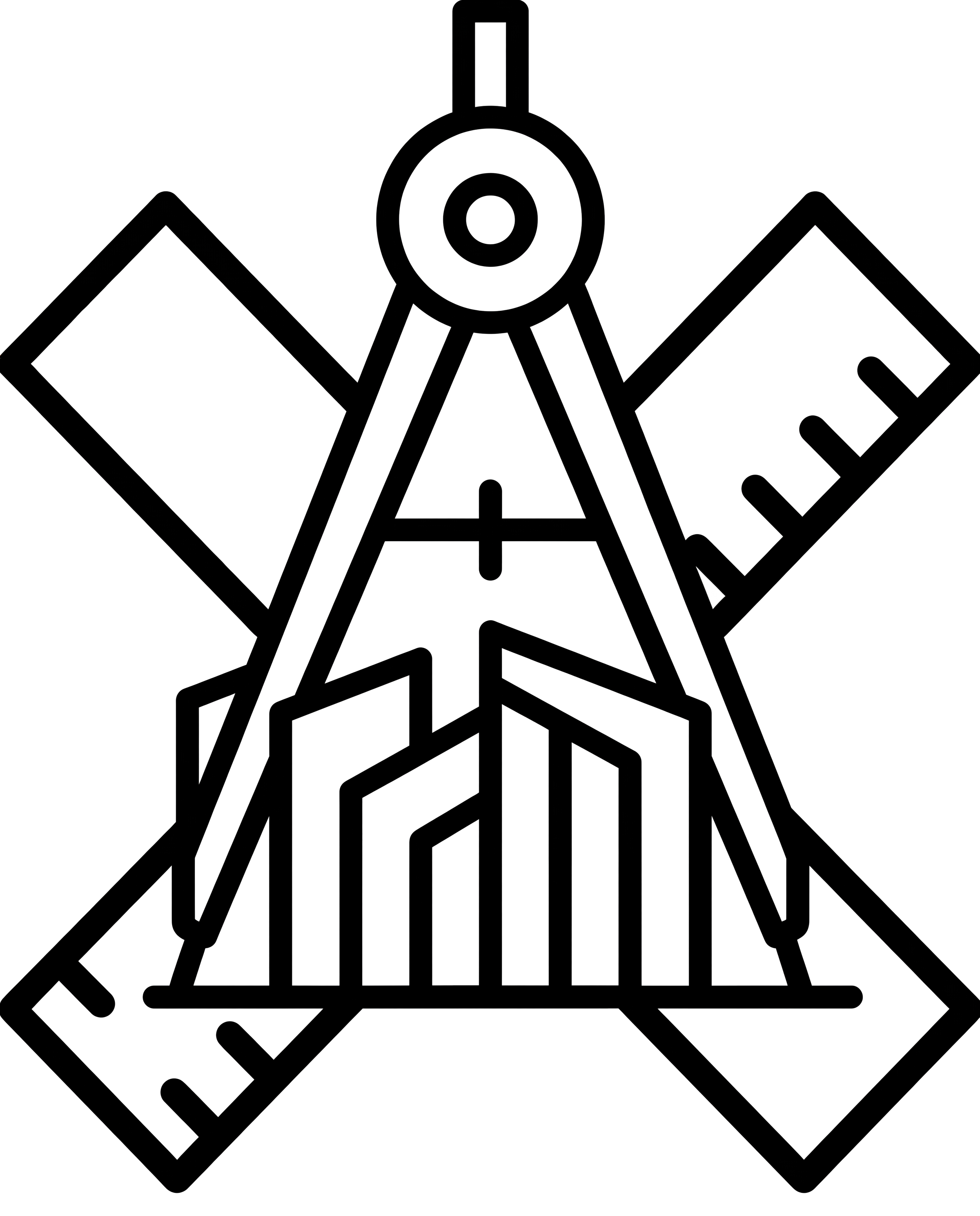 Outline drawing of a compass, ruler, protractor, and a set square, all used in mathematics and technical drawing.